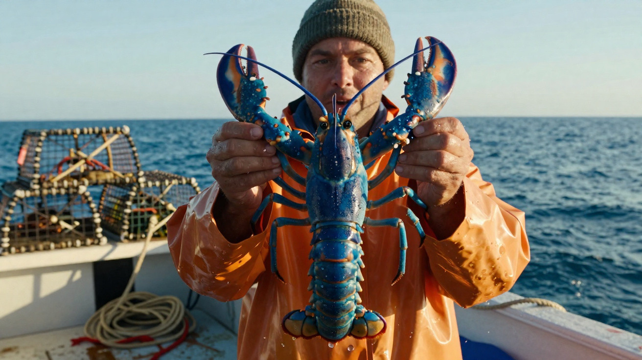 Pescador com fato impermeável laranja segura uma lagosta azul num barco no mar aberto ao amanhecer.