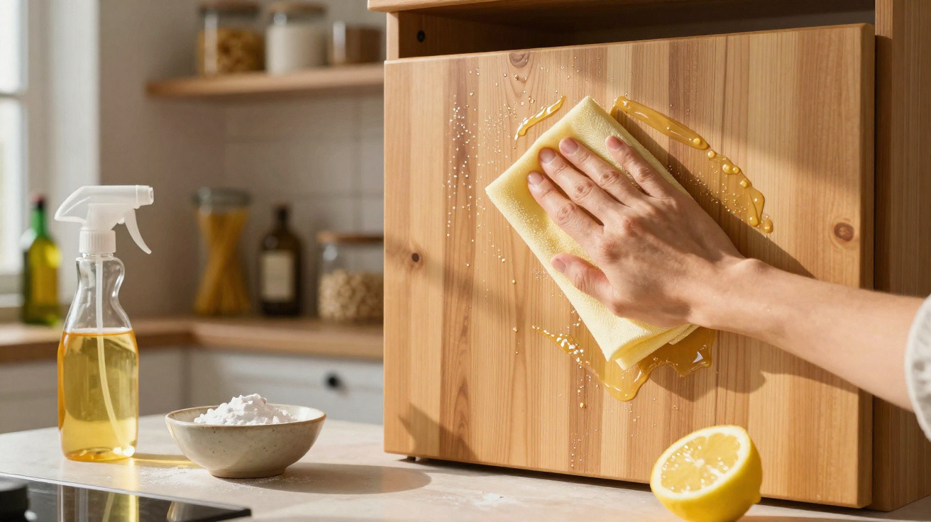 Mão a limpar estante de madeira com pano amarelo, spray de limpeza, bicarbonato e limão na bancada da cozinha.