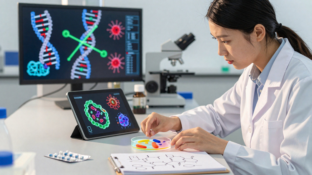 Cientista a analisar amostras coloridas em laboratório, com imagens de DNA e vírus em ecrãs digitais.