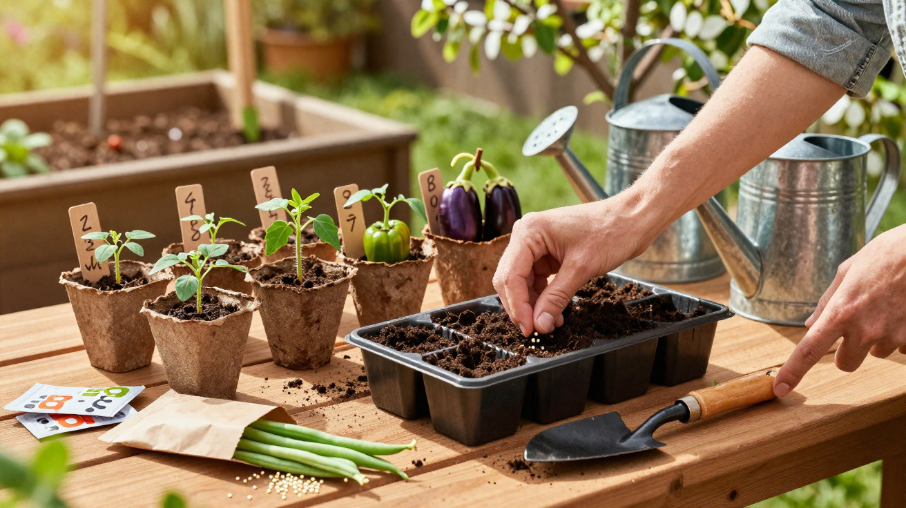 Mãos a plantar sementes em tabuleiro de terra, com vasos de plantas, regadores e ferramentas num jardim.