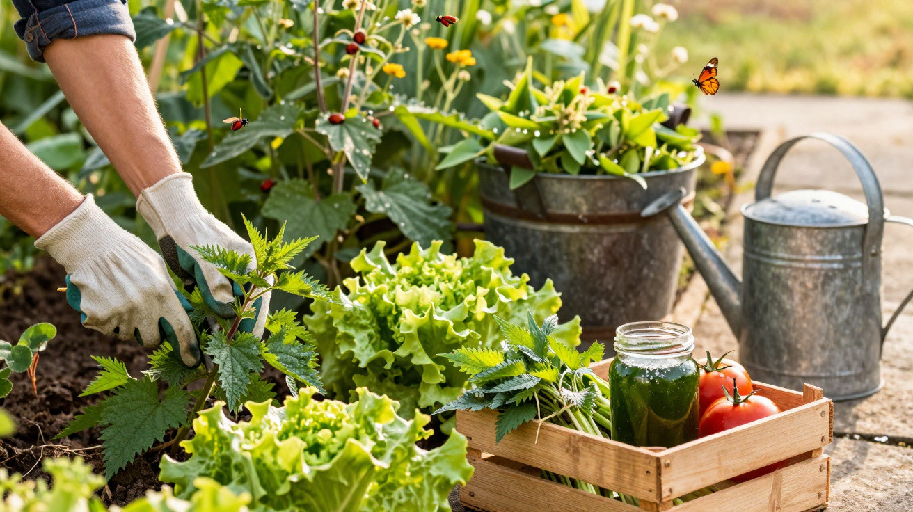Pessoa a cultivar urtigas num jardim com alfaces, tomate, plantas em vaso e rega metálica ao fundo.
