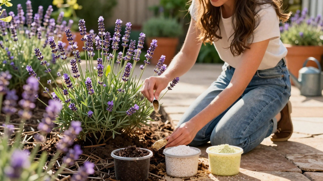 Pessoa a cuidar de plantas de lavanda num jardim, com vários recipientes de fertilizantes à frente.