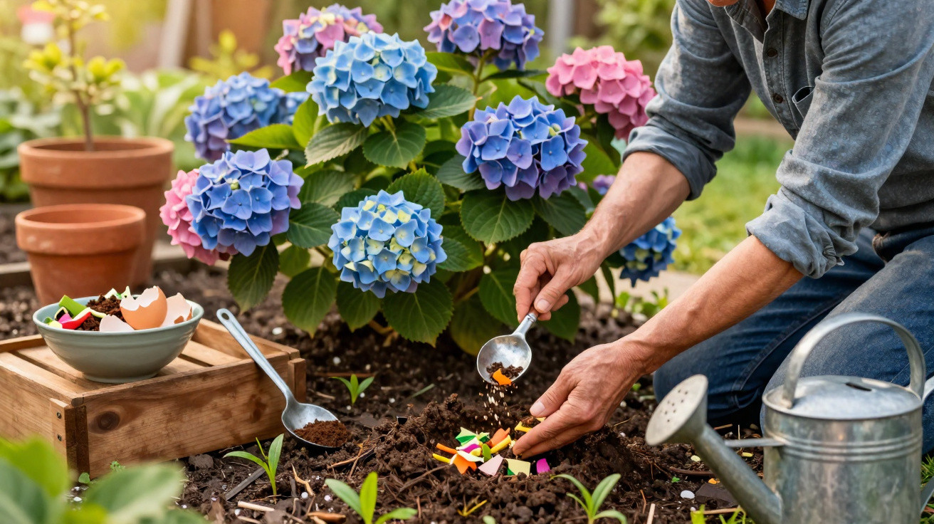 Pessoa a alimentar plantas no jardim com compostos orgânicos, junto a flores de hortênsia coloridas.