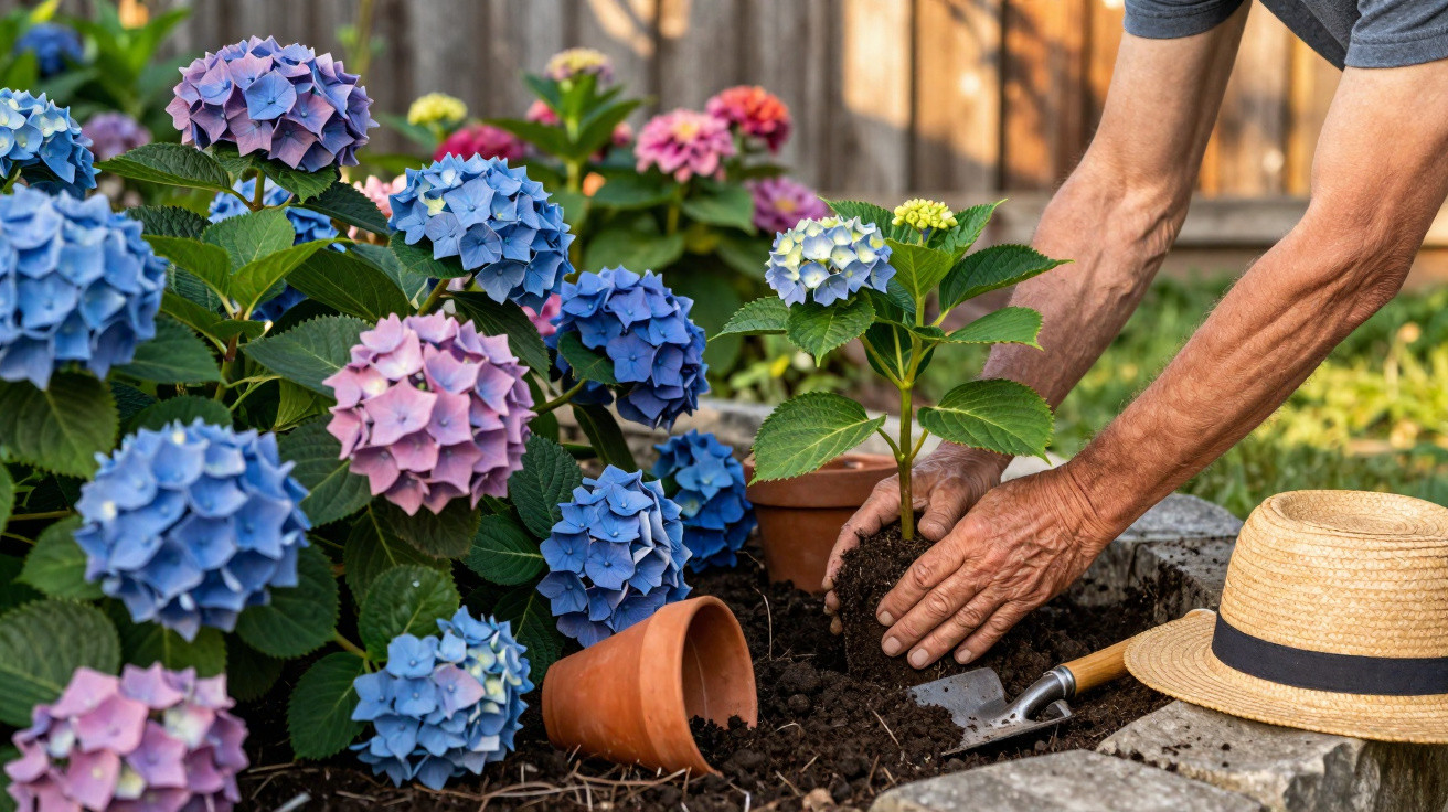 Pessoa a plantar uma pequena hortênsia num canteiro com várias hortênsias floridas coloridas.