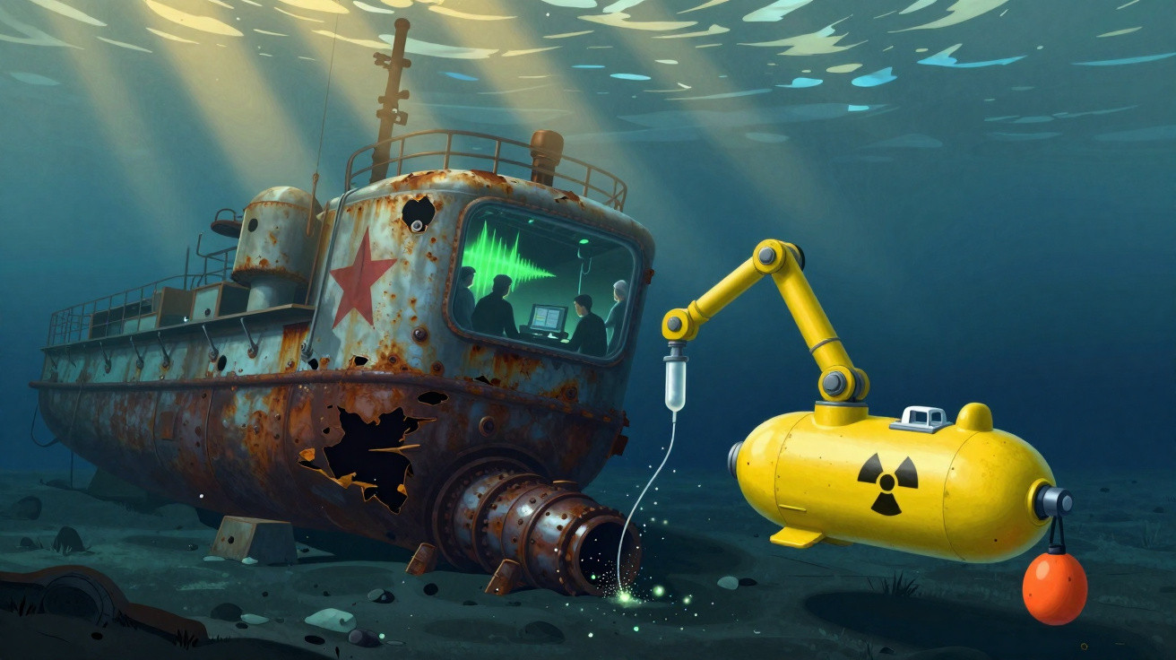 Submarino oxidado com tripulação, investigado por robô amarelo nuclear no fundo do oceano.