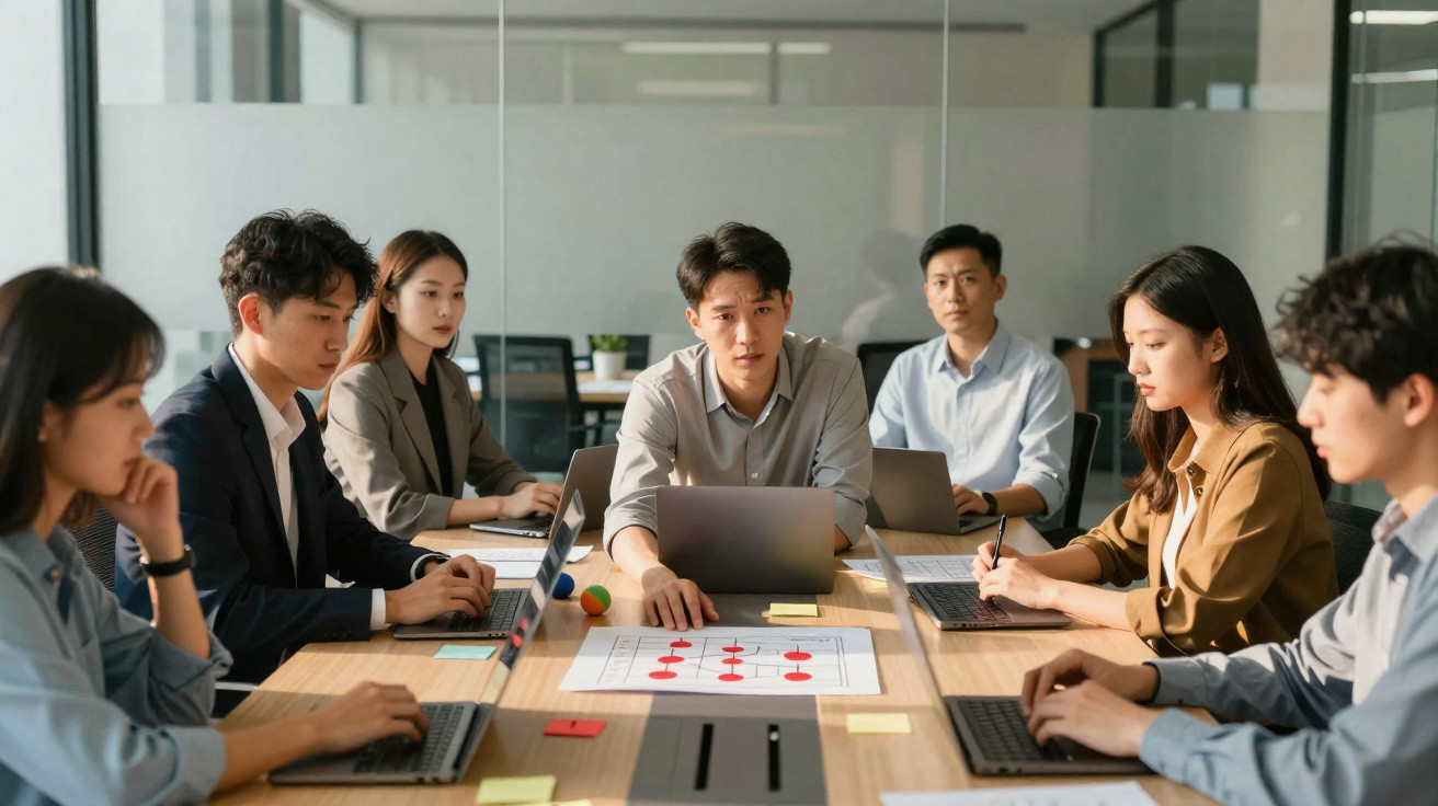 Grupo de jovens em reunião de trabalho à mesa com computadores e plano estratégico em escritório moderno.