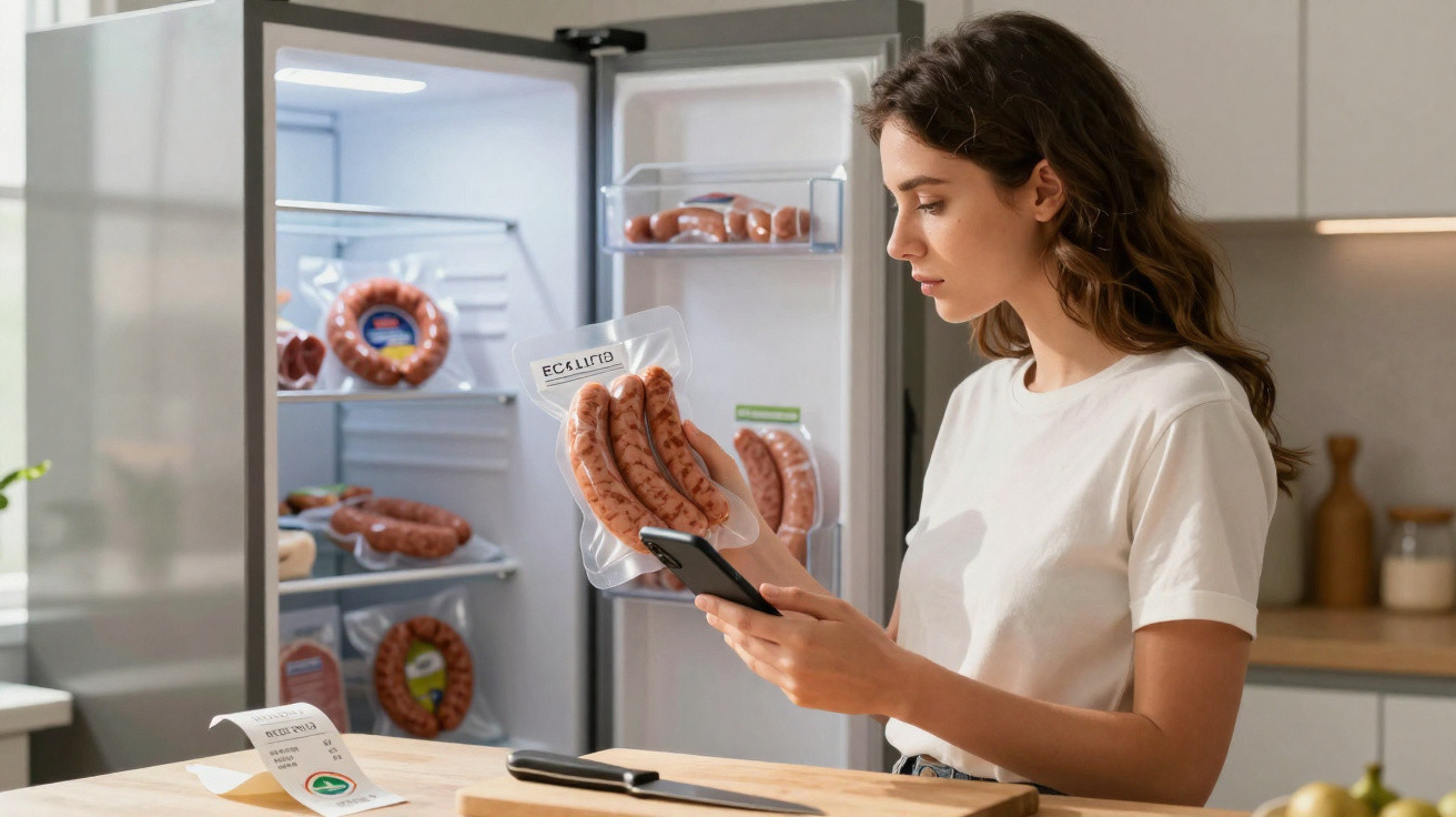 Mulher a ler o telemóvel enquanto segura embalagem de salsichas à frente do frigorífico aberto.