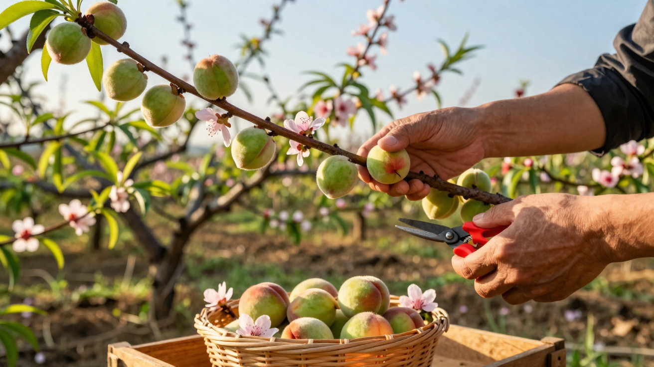 Mãos colhem pêssegos verdes de um ramo com flores numa plantação, sobre cesta de vime com frutos.