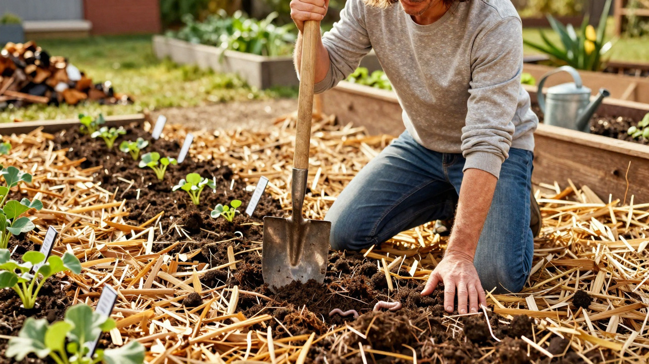 Pessoa a cultivar horta com enxada, terra e minhocas visíveis, plantas jovens e palha espalhada.