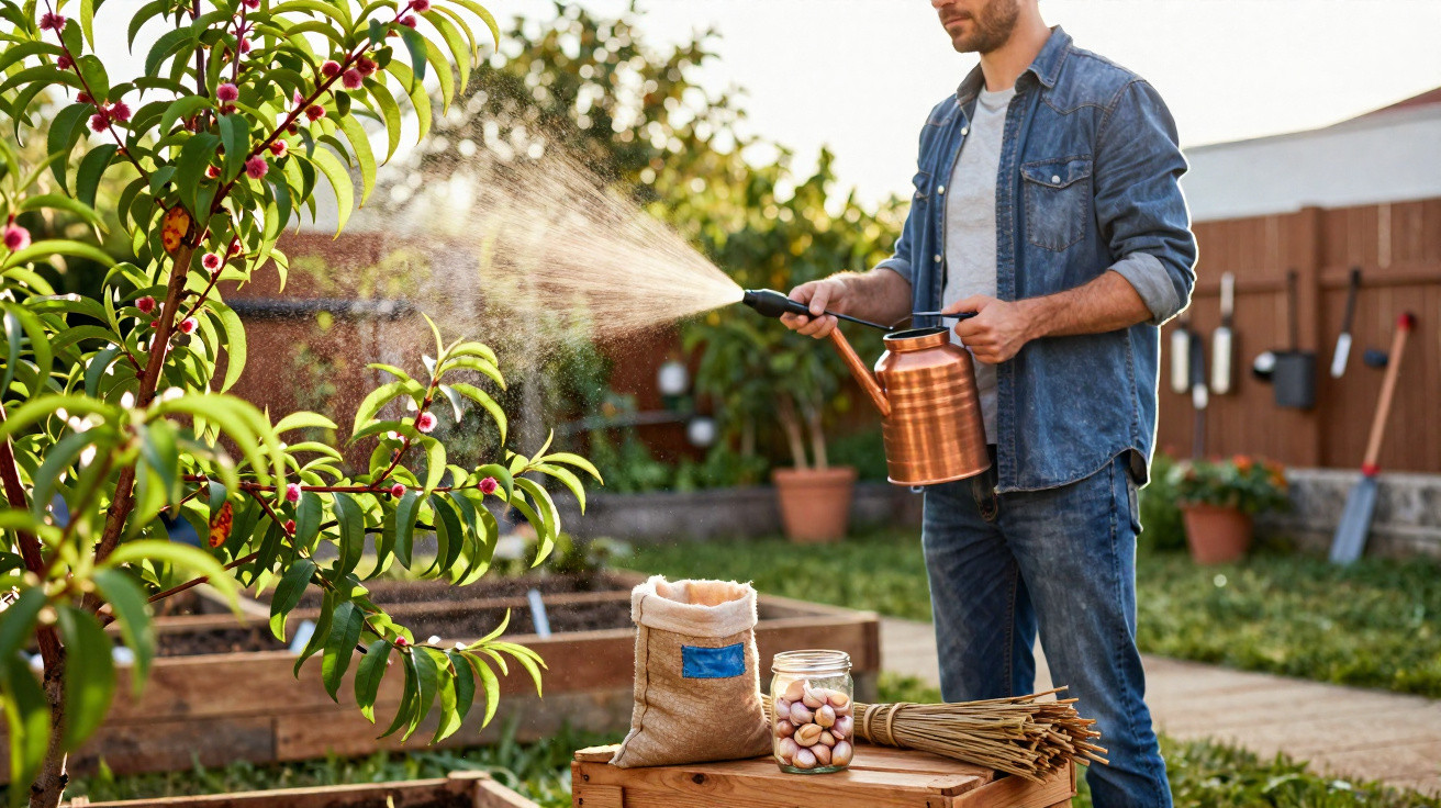 Homem a regar plantas num jardim com regador de metal e caixa com sementes e frutos à frente.