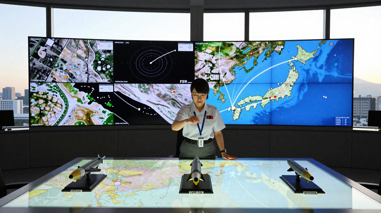 Pessoa analisa modelos de mísseis sobre mesa interativa com ecrãs de mapas e radar ao fundo.