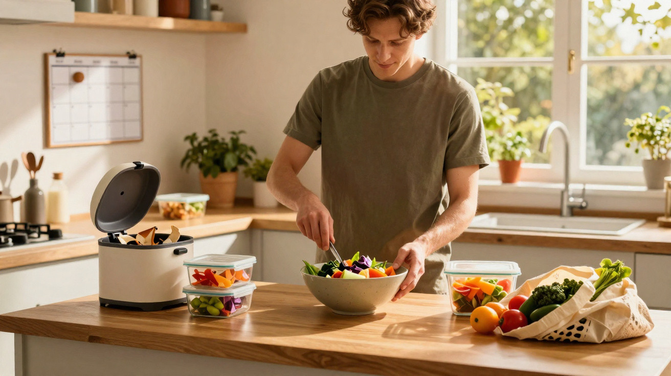 Jovem prepara salada numa cozinha luminosa, com legumes frescos e patuscos na bancada de madeira.