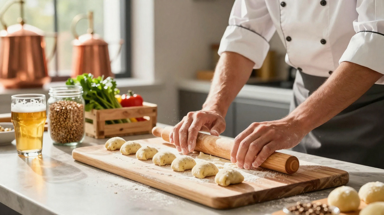 Chef a estender massa com rolo de cozinha em tábua com bolinhas de massa e ingredientes ao fundo numa cozinha.