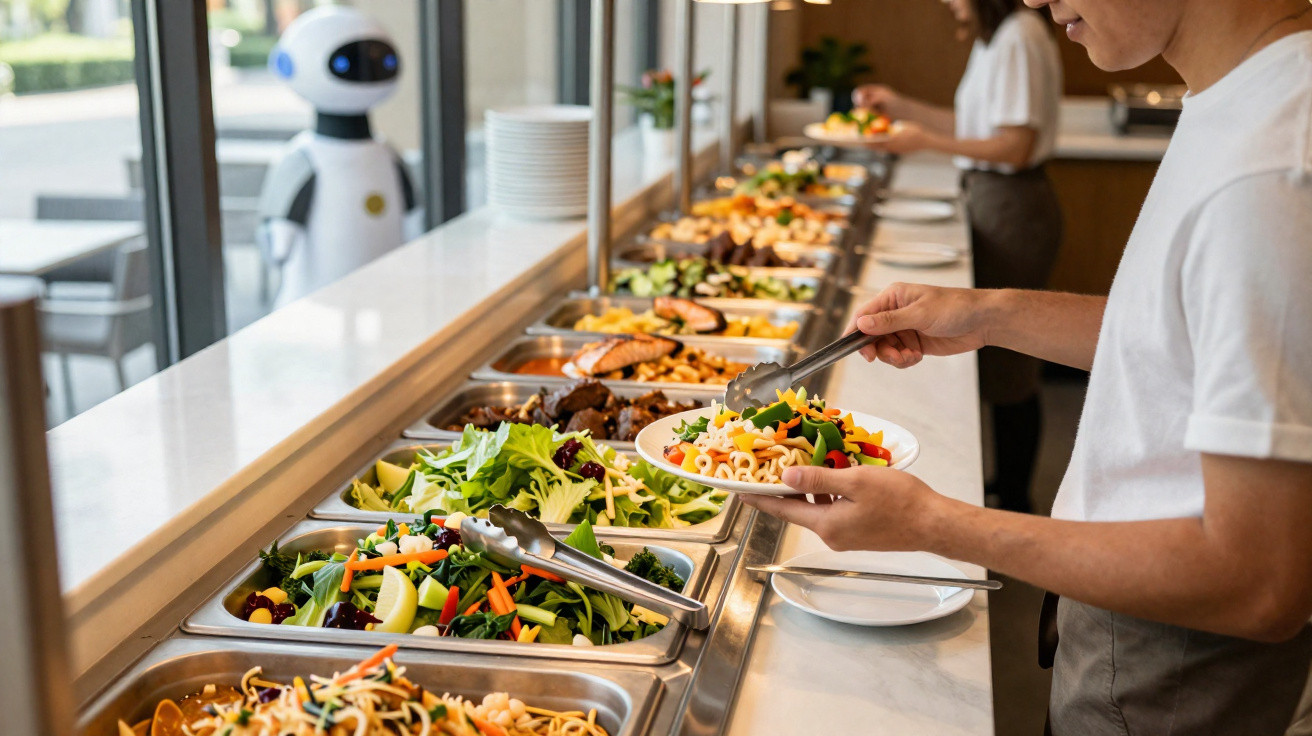 Pessoa a servir-se num buffet com várias opções de saladas e pratos numa fila de bandejas metálicas.