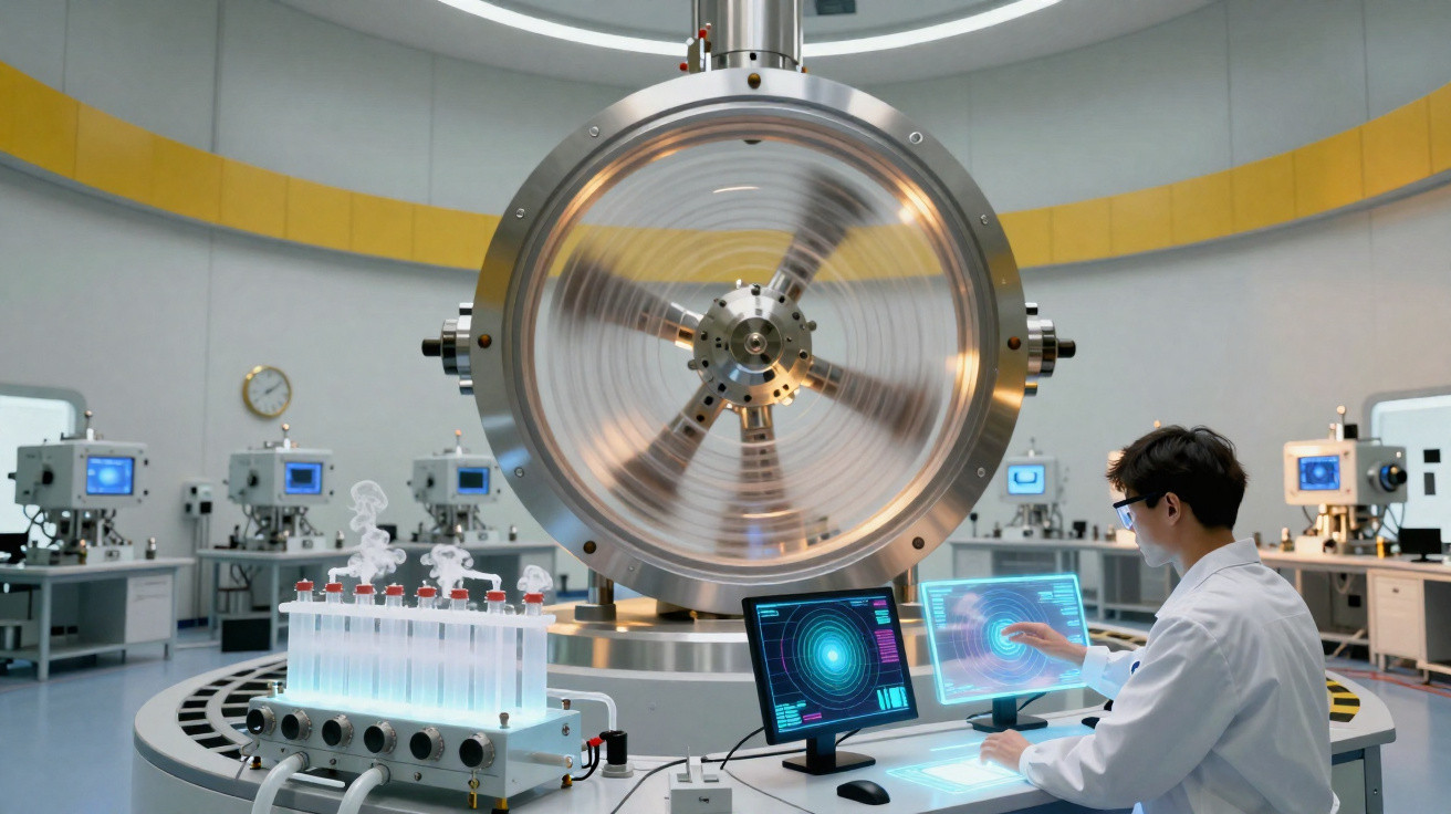 Cientista em laboratório futurista analisa dados em monitores transparentes com equipamento circular metálico em movimento.