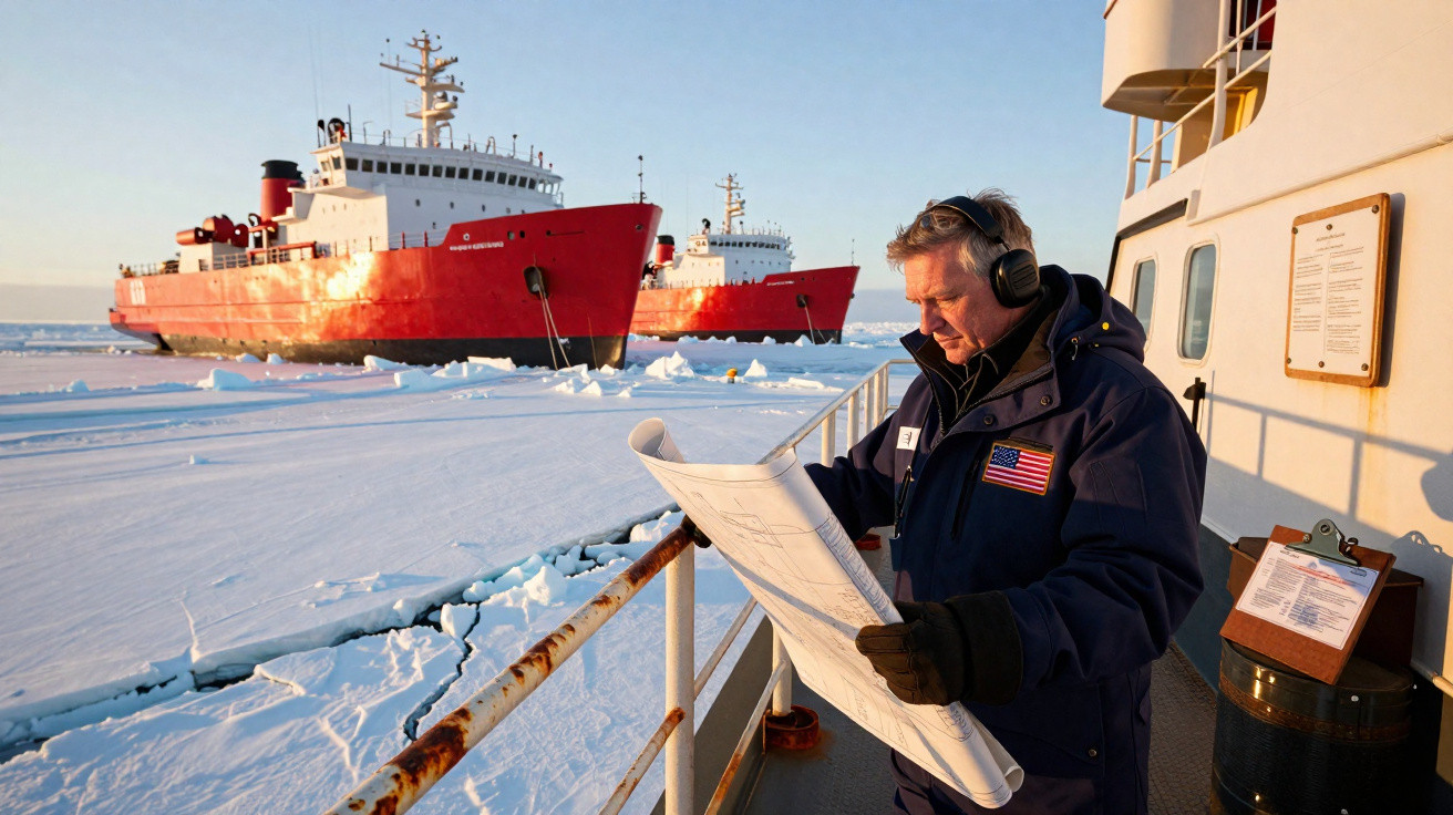 Homem com roupas quentes lê mapa no convés de navio no gelo, com dois navios vermelhos ao fundo.