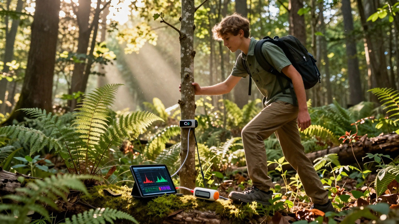 Jovem com mochila recolhe dados ambientais na floresta usando dispositivos eletrónicos ligados a uma árvore.