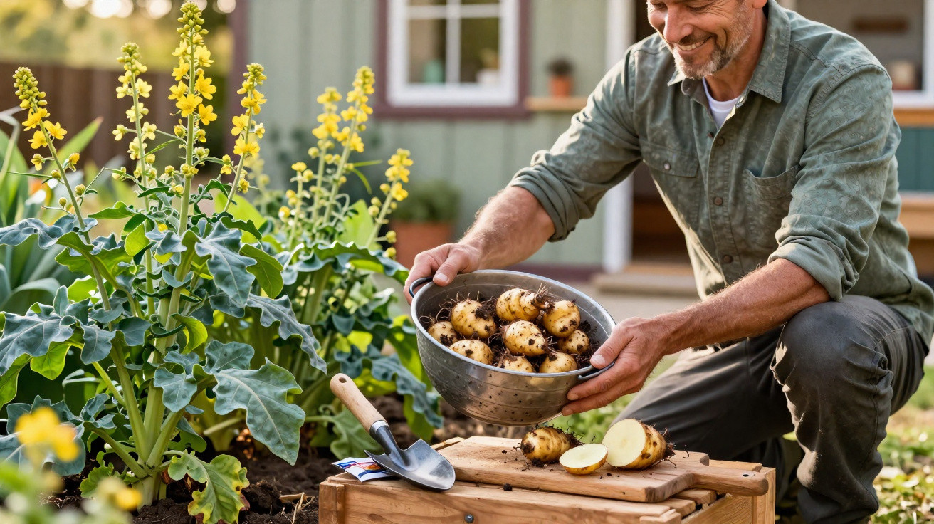 Homem a colher batatas-doces frescas num jardim ao ar livre, sorridente e com enxada ao lado.