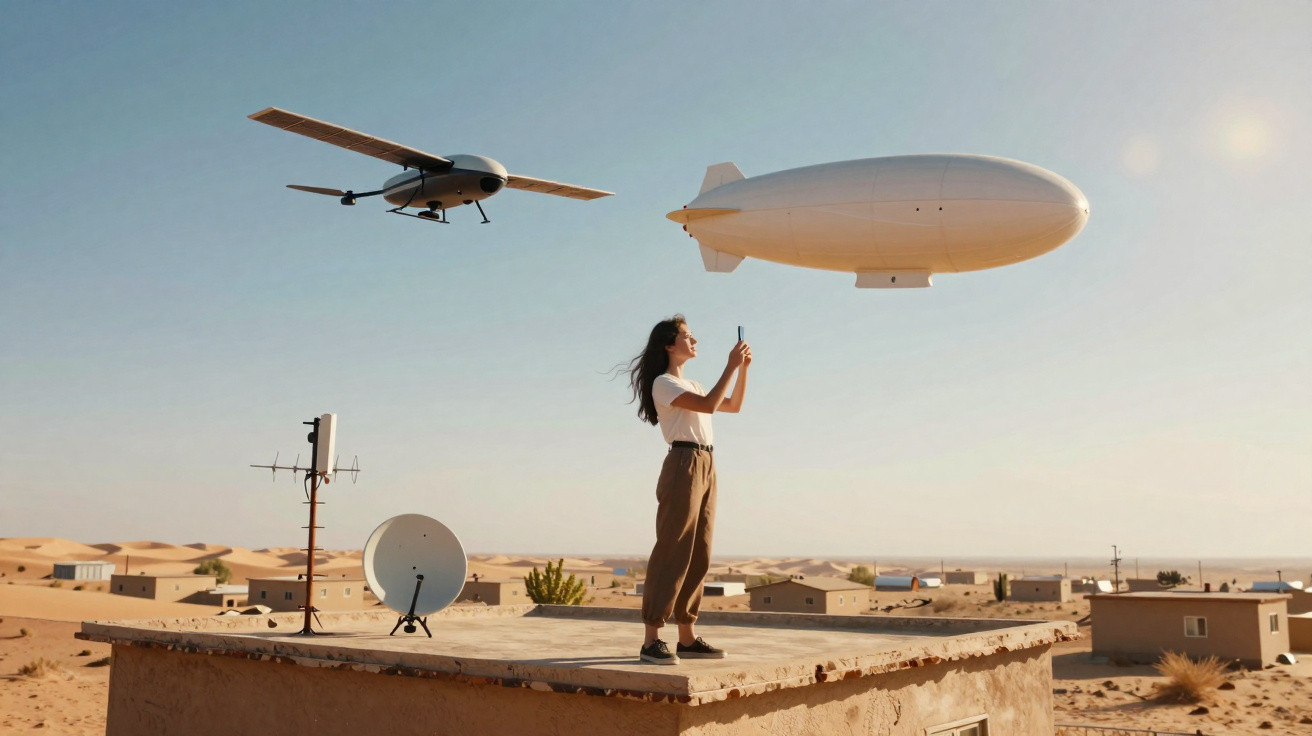 Mulher controla drone com comando no telhado de casa no deserto, com balão de vigilância no céu.