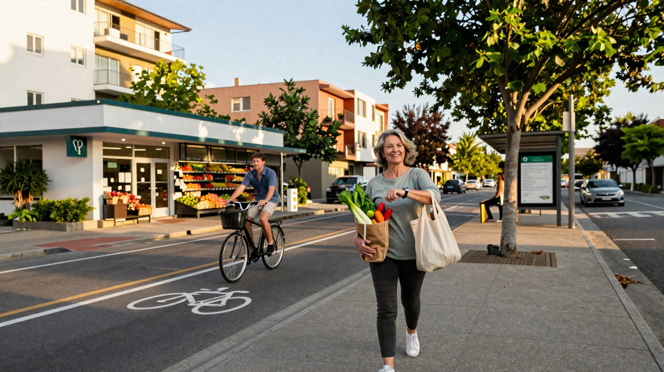 Mulher sorridente com sacos de compras a atravessar passadeira em bairro com ciclovia e comércio local.
