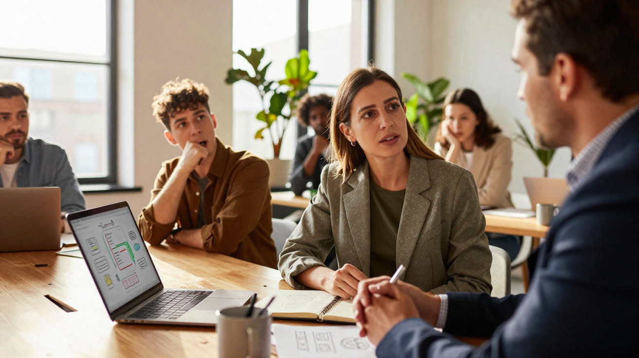 Equipa de trabalho reunida numa mesa discutindo ideias com computador portátil e apontamentos.