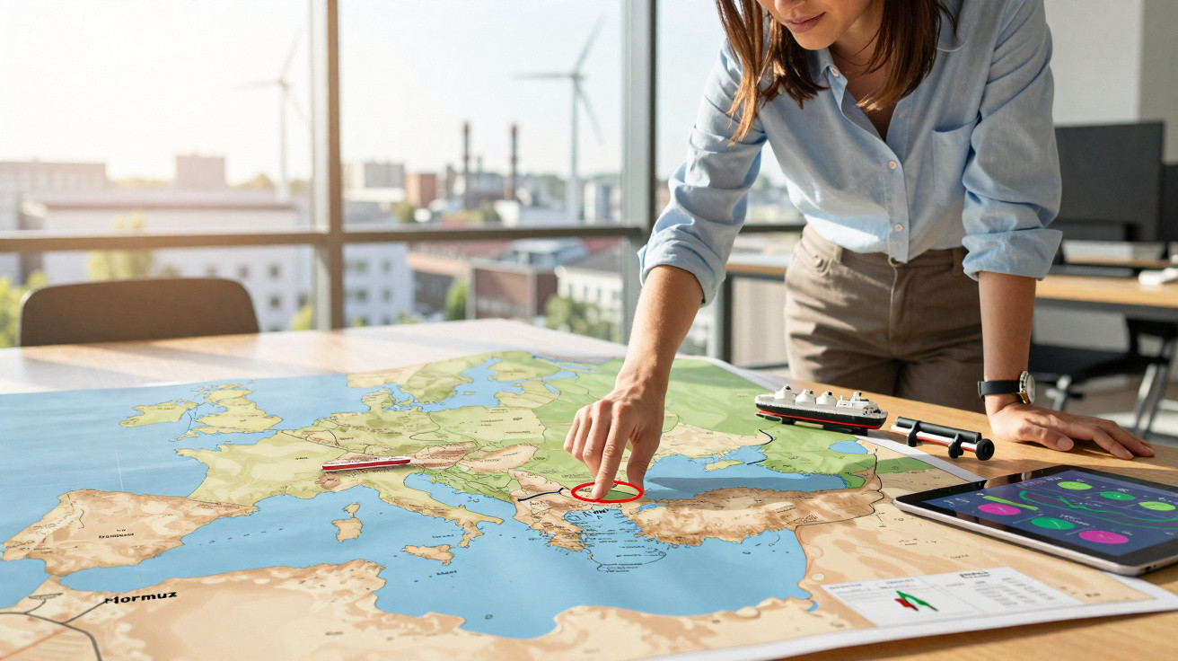 Mulher aponta para mapa da Europa numa mesa com dispositivos tecnológicos e maquetes de transporte.