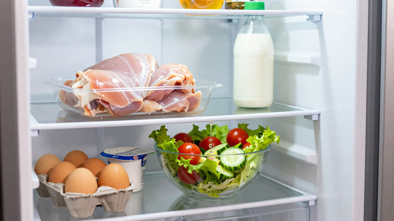 Interior de frigorífico com frango cru, salada, ovos, leite e iogurte.