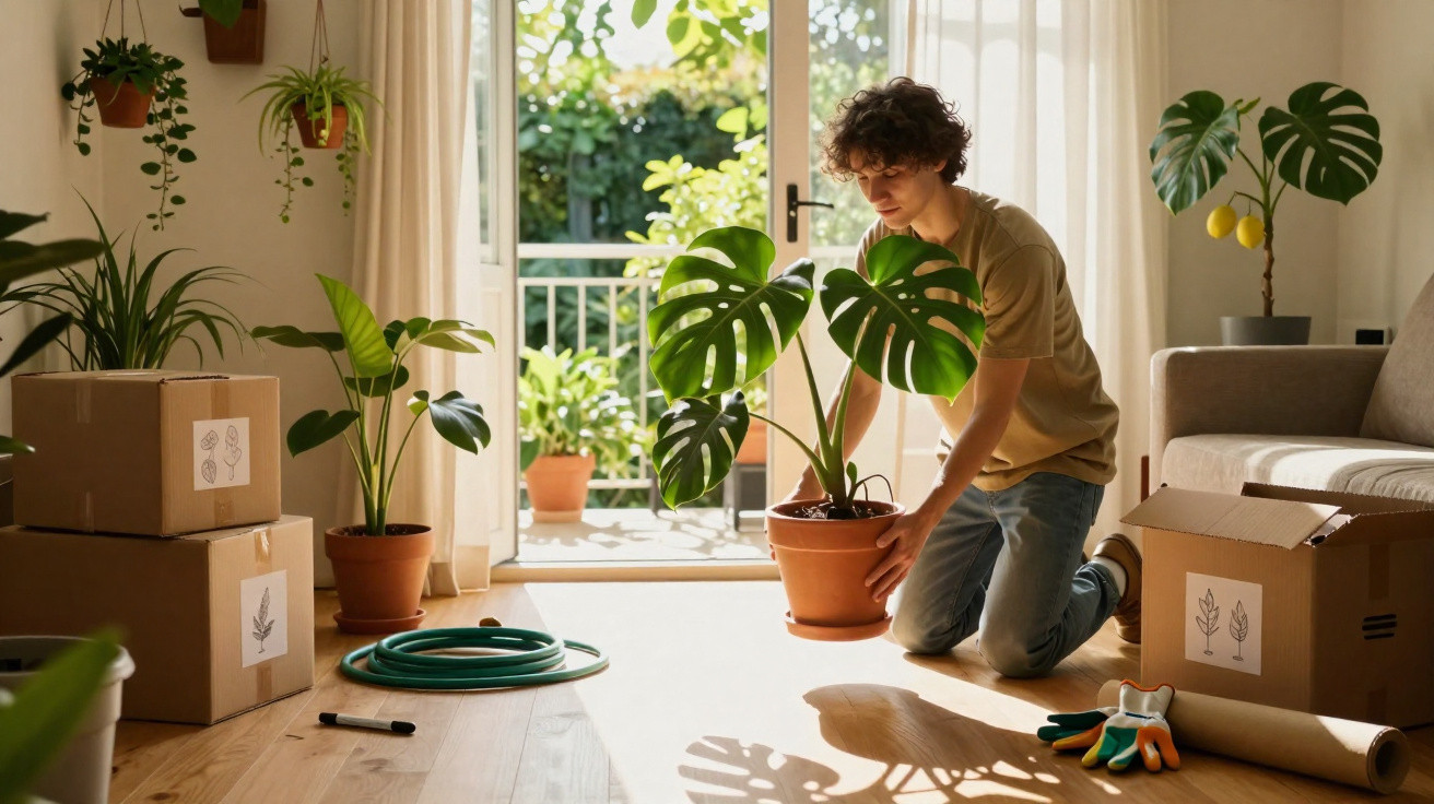 Pessoa a cuidar de planta Monstera em sala iluminada com várias plantas e caixas de cartão.