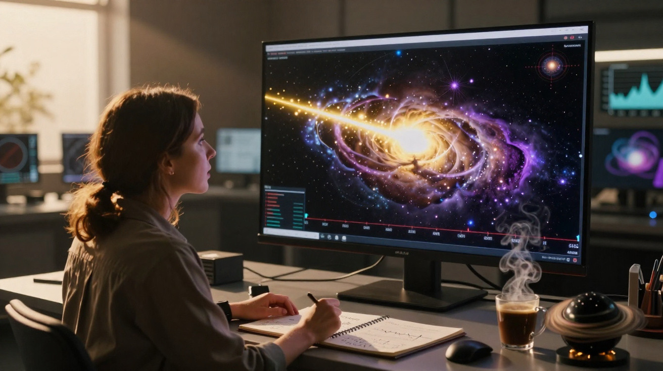 Mulher a estudar numa mesa com gráfico do espaço e galáxia luminosa num ecrã grande à sua frente.