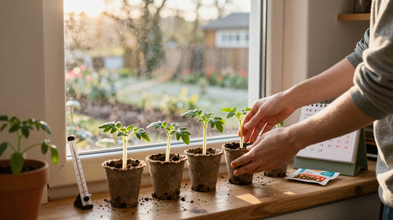 Mãos a cuidar de cinco plantas jovens em vasos de papel junto a uma janela com luz natural.