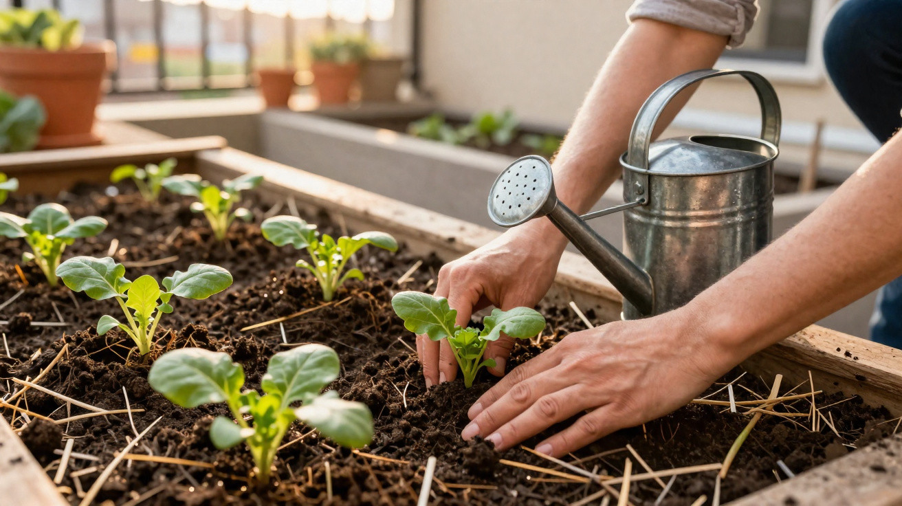 Pessoa a cuidar de plantas jovens numa horta urbana com regador metálico ao lado.