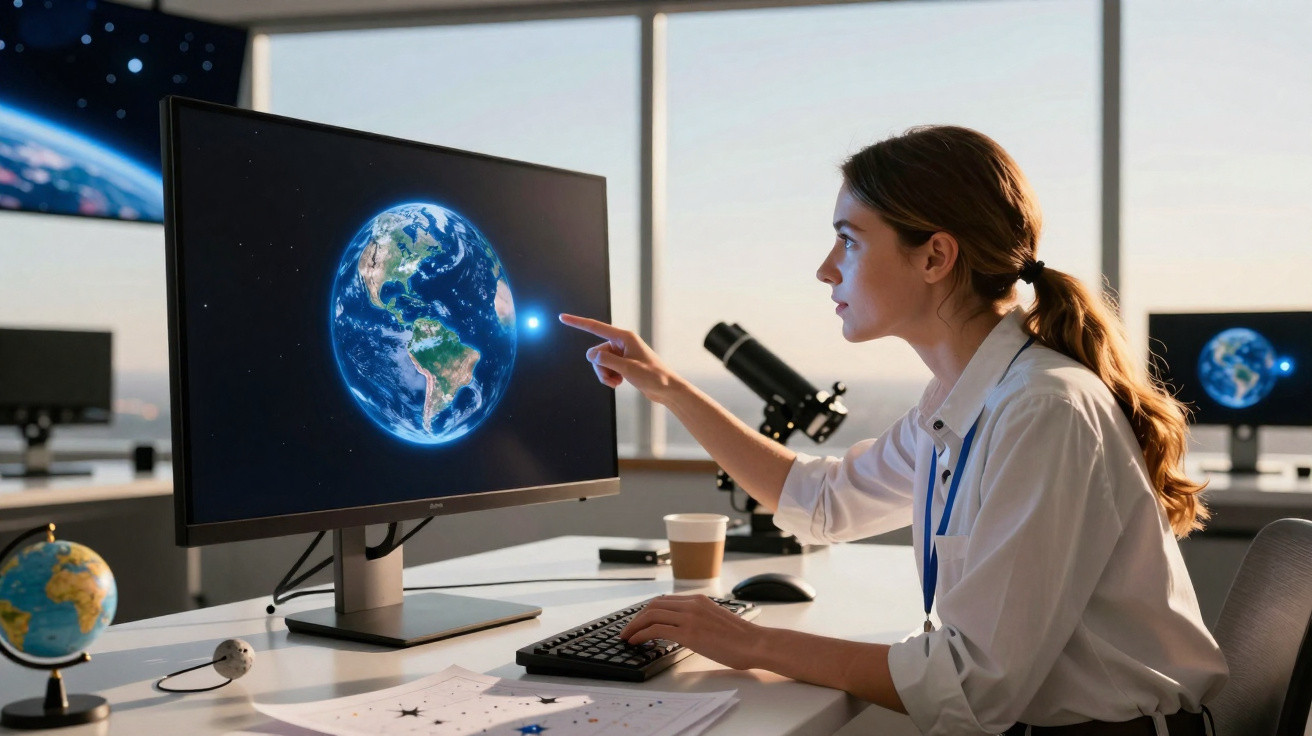 Mulher a apontar para a imagem da Terra num ecrã de computador num escritório moderno.