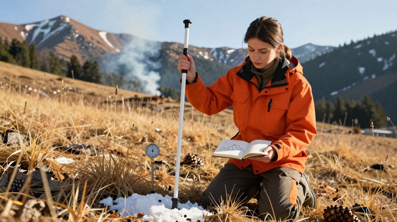 Mulher com casaco laranja sentada a analisar dados de neve em campo de montanha com caderno e instrumento científico.