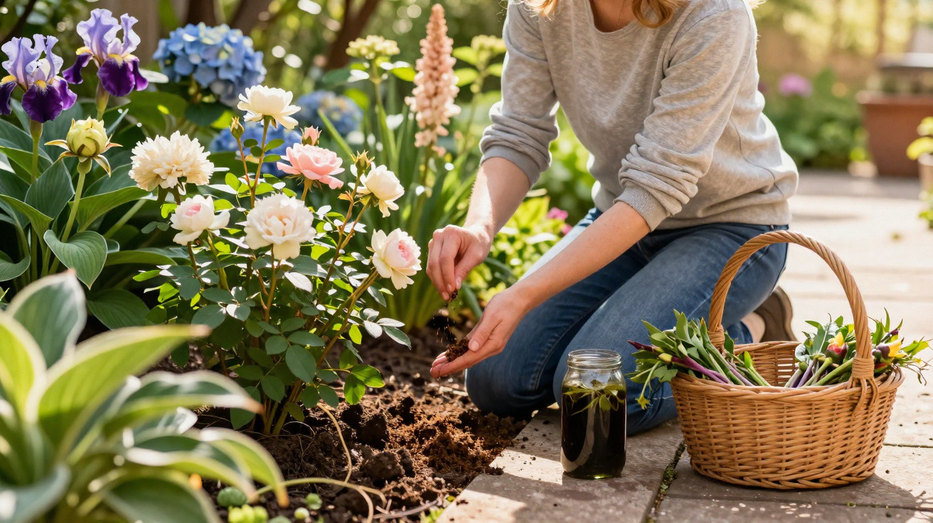 Pessoa a cuidar de flores num jardim com flores brancas, roxas e azuis, ao lado uma cesta com plantas.