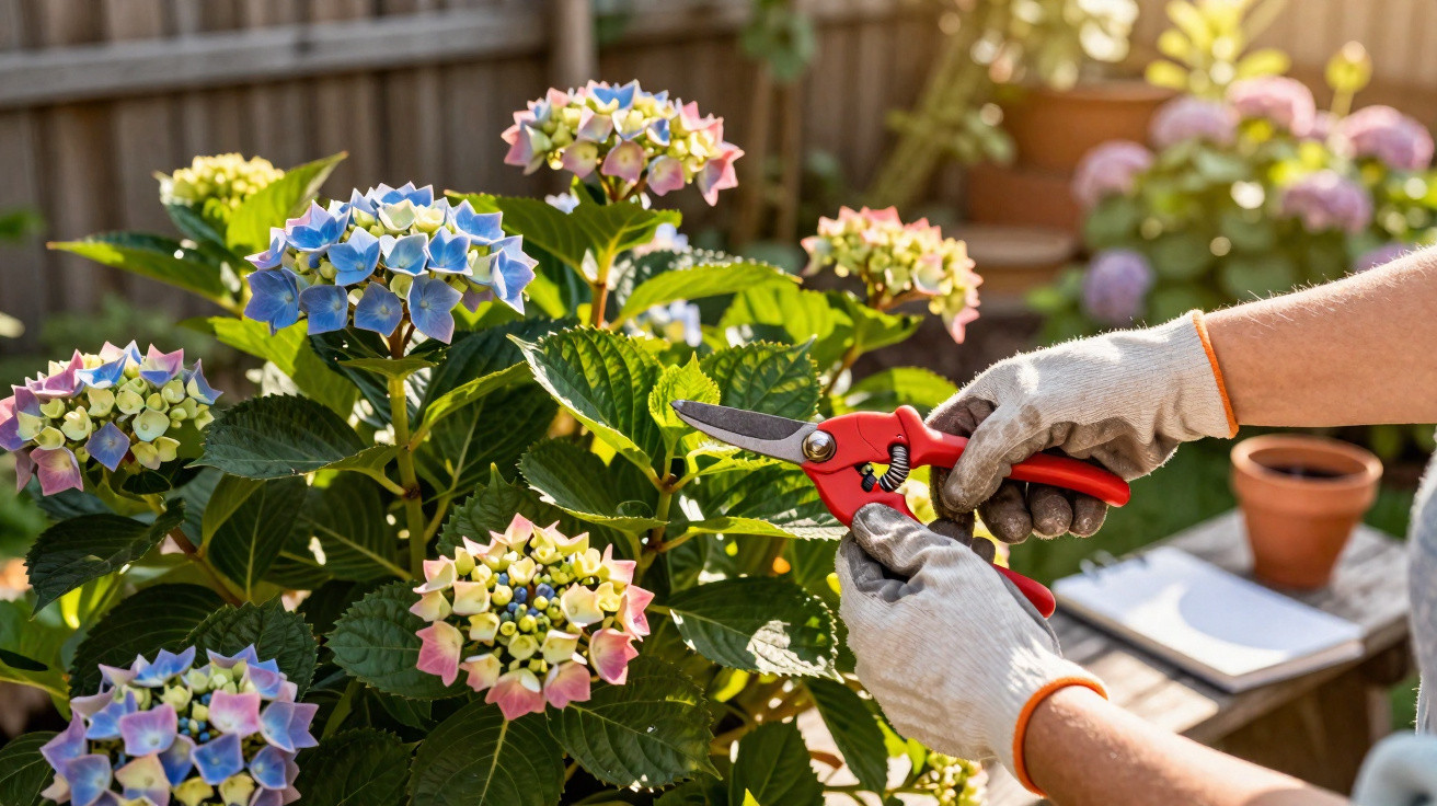 Mãos com luvas a podar flores multicoloridas de hortênsia num jardim ensolarado.