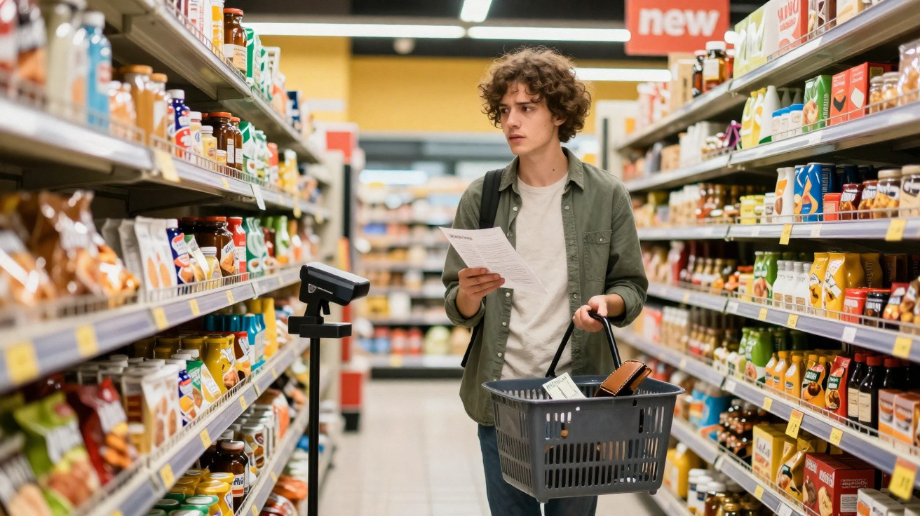 Jovem com lista de compras e cesto a escolher produtos nas prateleiras de um supermercado.
