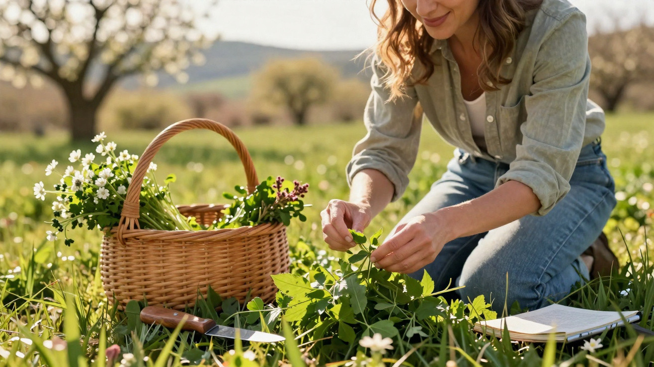 Mulher colhendo plantas e flores num campo com cesto de vime e caderno ao lado.