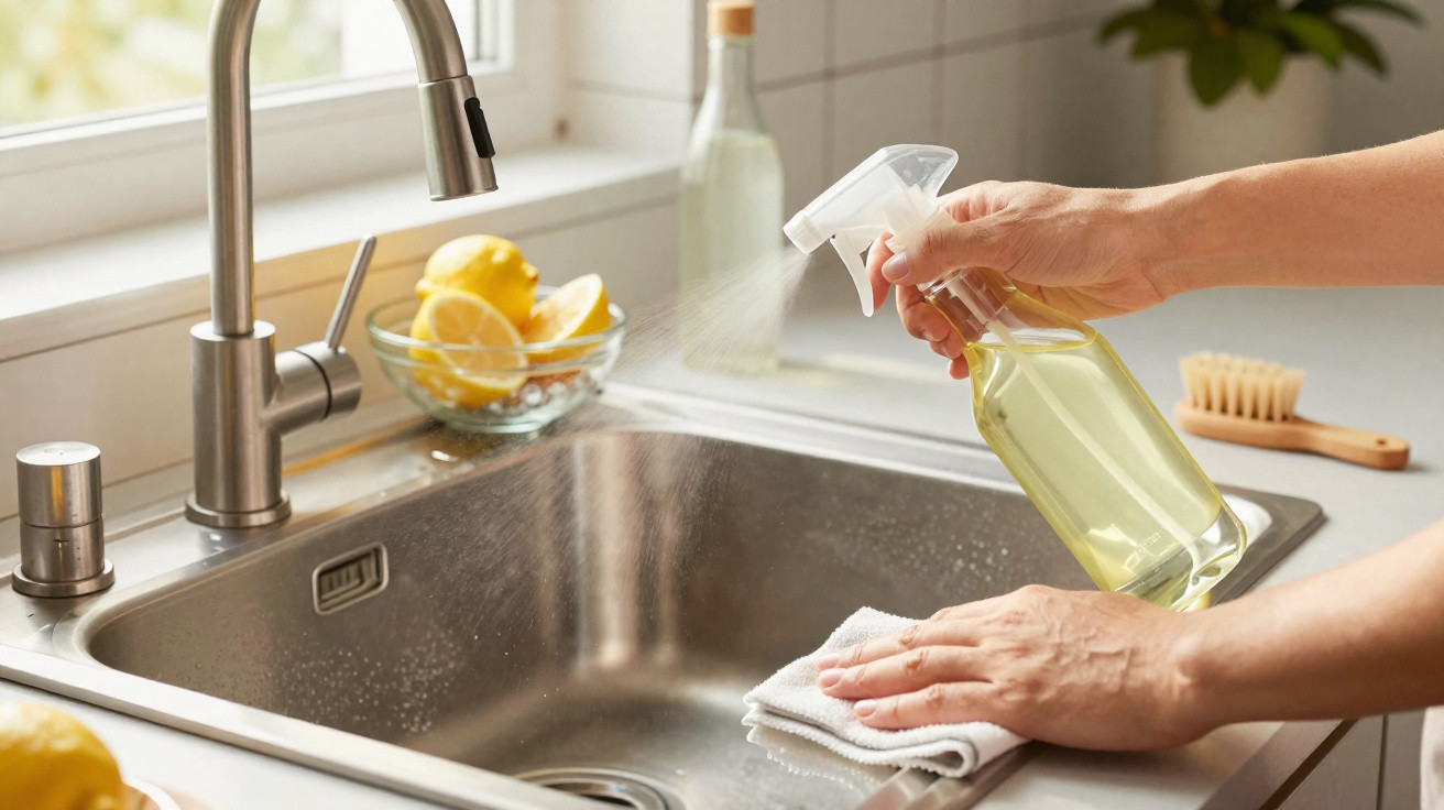 Mãos a limparem uma pia de cozinha em aço inoxidável com um spray e um pano branco.