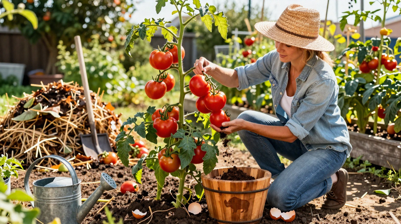 Mulher com chapéu colher tomates vermelhos maduros numa horta urbana ensolarada.