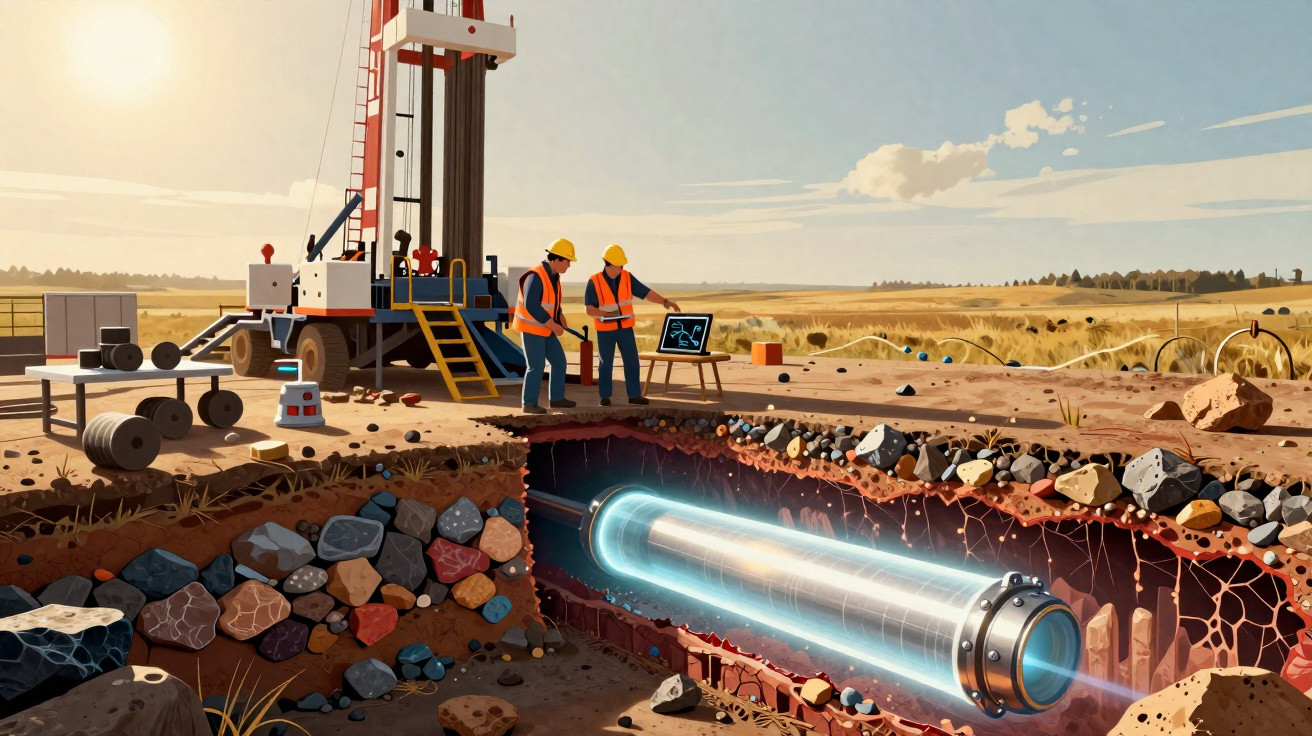 Ilustração de trabalhadores a operar maquinaria na construção de túnel subterrâneo em área rural.