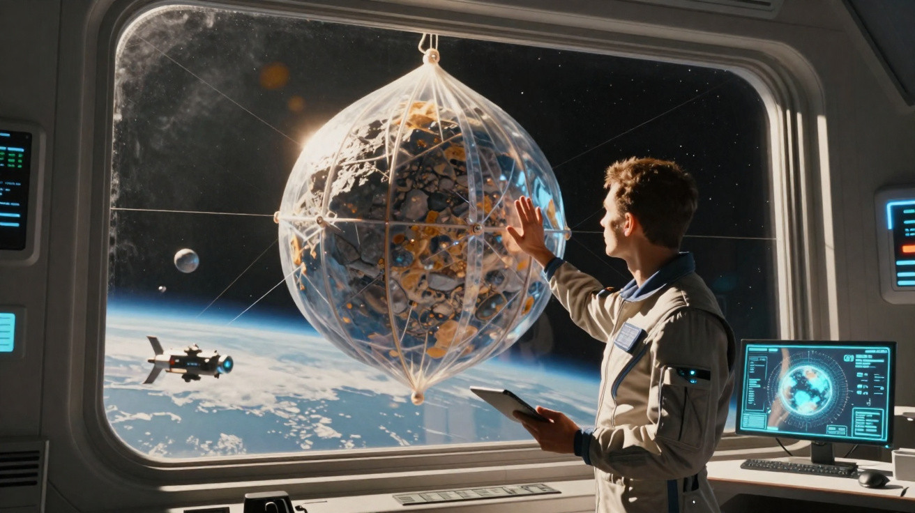 Astronauta observa e interage com uma esfera flutuante em ambiente espacial a partir de uma nave.