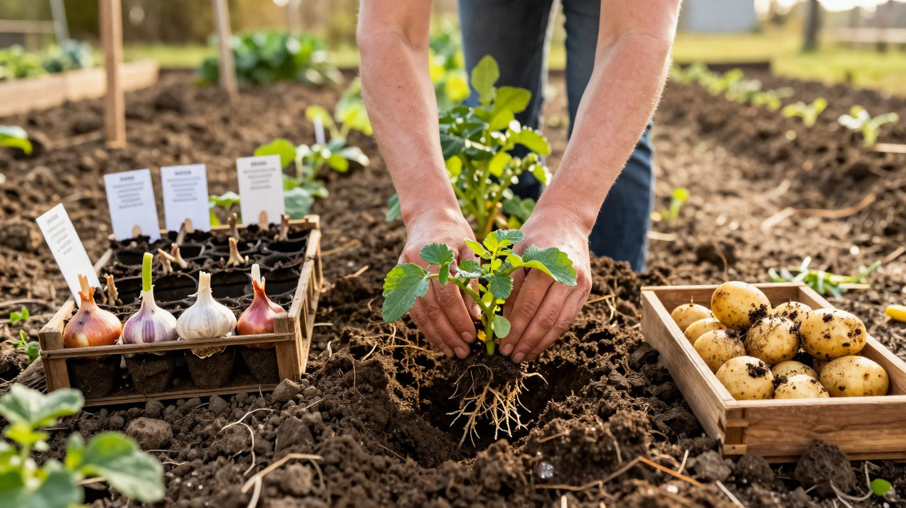 Pessoa a plantar uma muda no solo, com caixas de alho e batatas à sua volta num jardim.