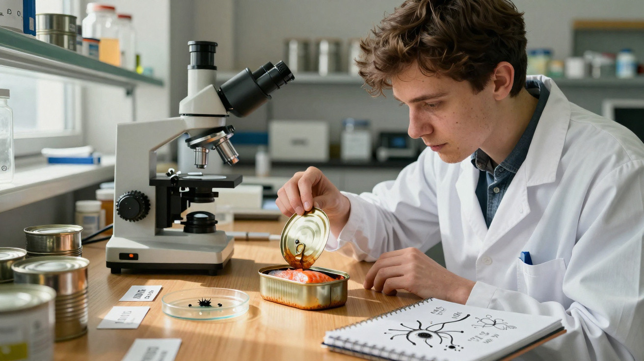 Jovem cientista em laboratório a analisar alimento em lata com microscópio e anotações desenhadas.