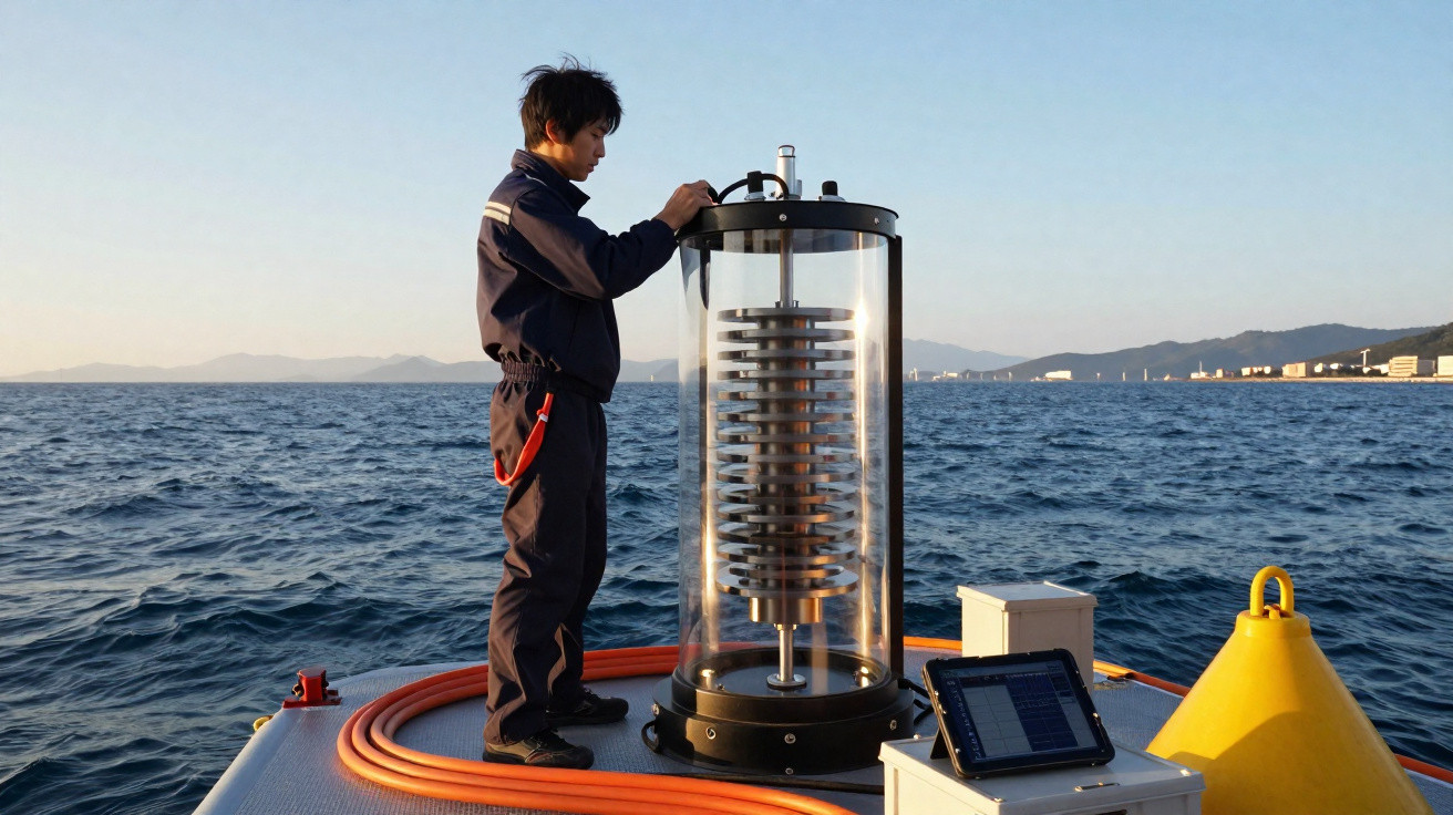 Homem em barco junto a equipamento científico cilíndrico no mar com montanhas ao fundo ao pôr do sol.