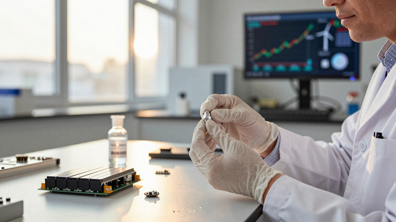 Técnico em laboratório a examinar componente eletrónico com luvas, computador e peças no fundo.