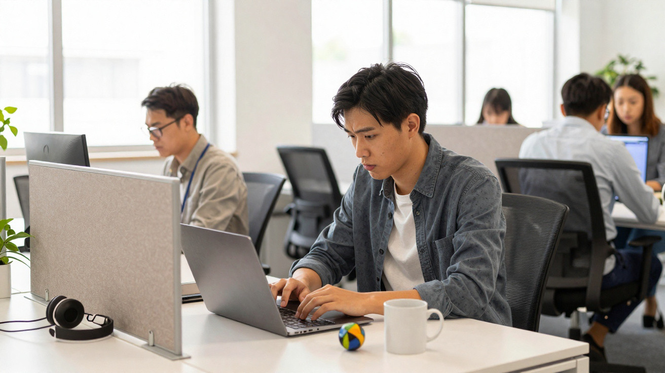 Vários jovens a trabalhar em open space de escritório, focados nos computadores portáteis.