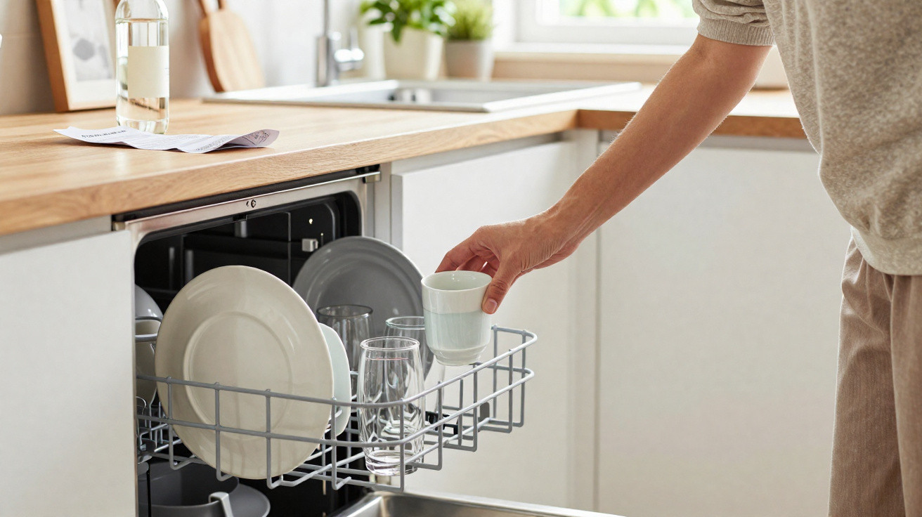 Pessoa a guardar uma chávena na máquina de lavar loiça na cozinha moderna e luminosa.