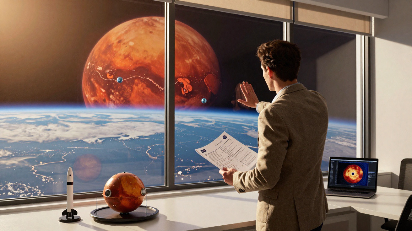 Homem em sala com janelas grandes olha e aponta para planeta Marte visível no espaço.