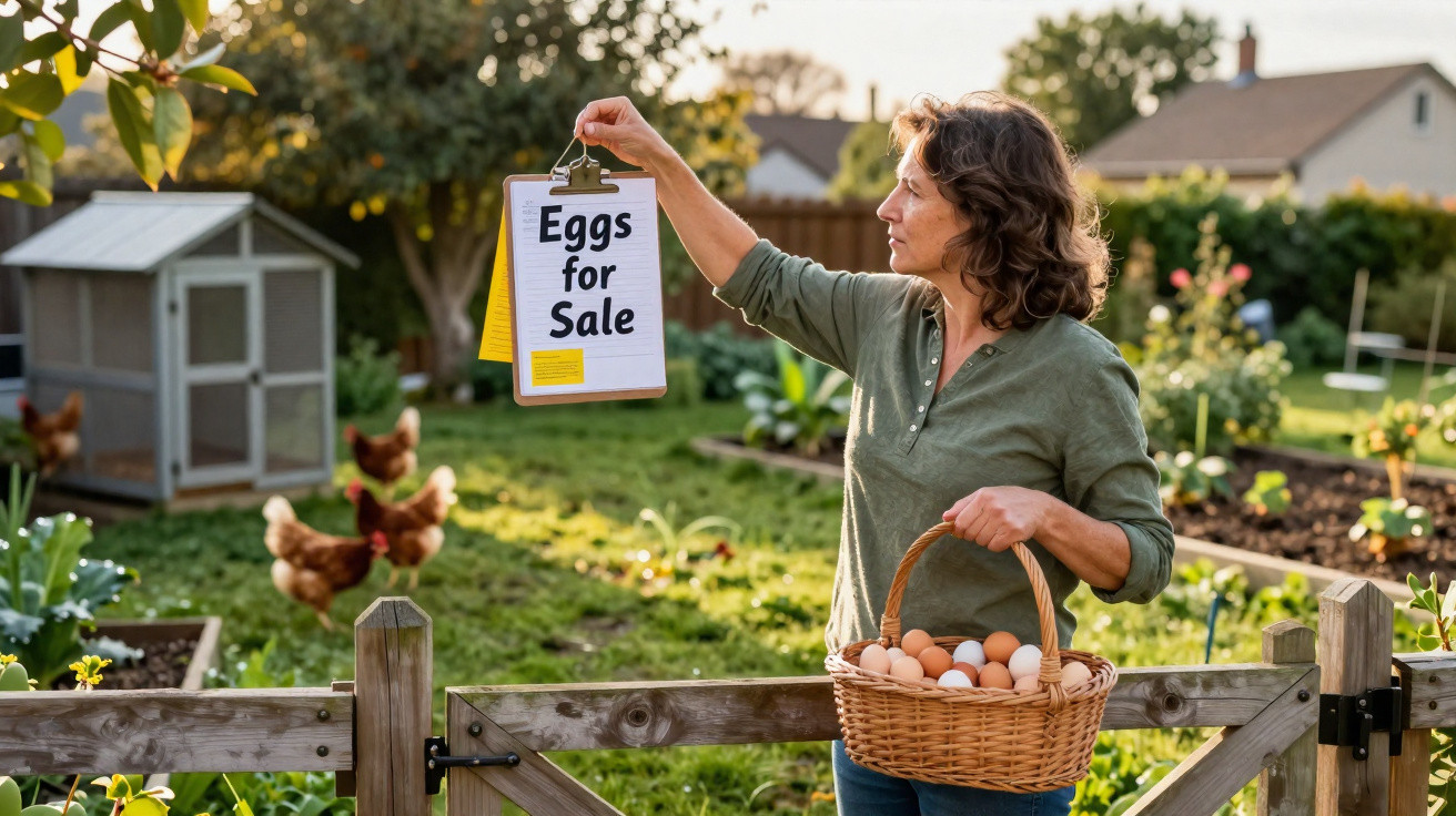 Mulher segura placa "Eggs for Sale" e cesta com ovos num jardim agrícola ao entardecer.