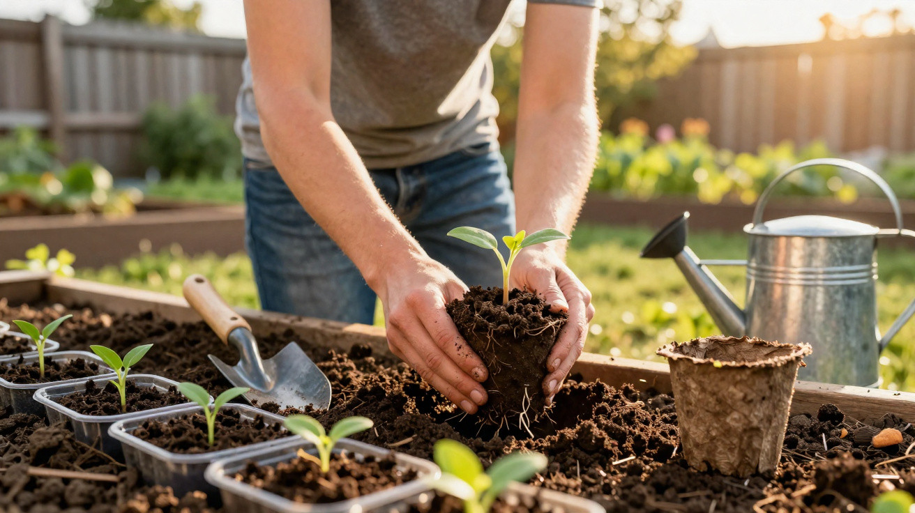 Pessoa a transplantar uma muda de planta para um tabuleiro de cultivo num jardim ensolarado.